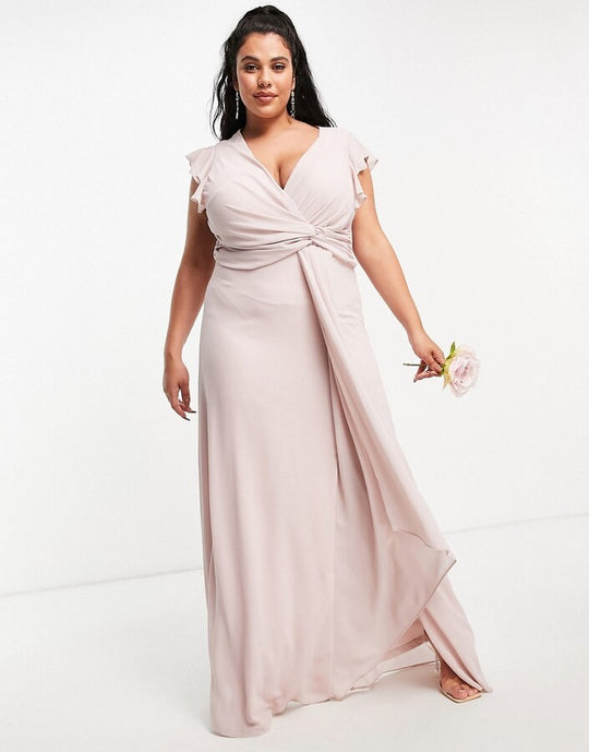 TFNC Plus Bridesmaid flutter sleeve ruffle detail maxi dress in mink