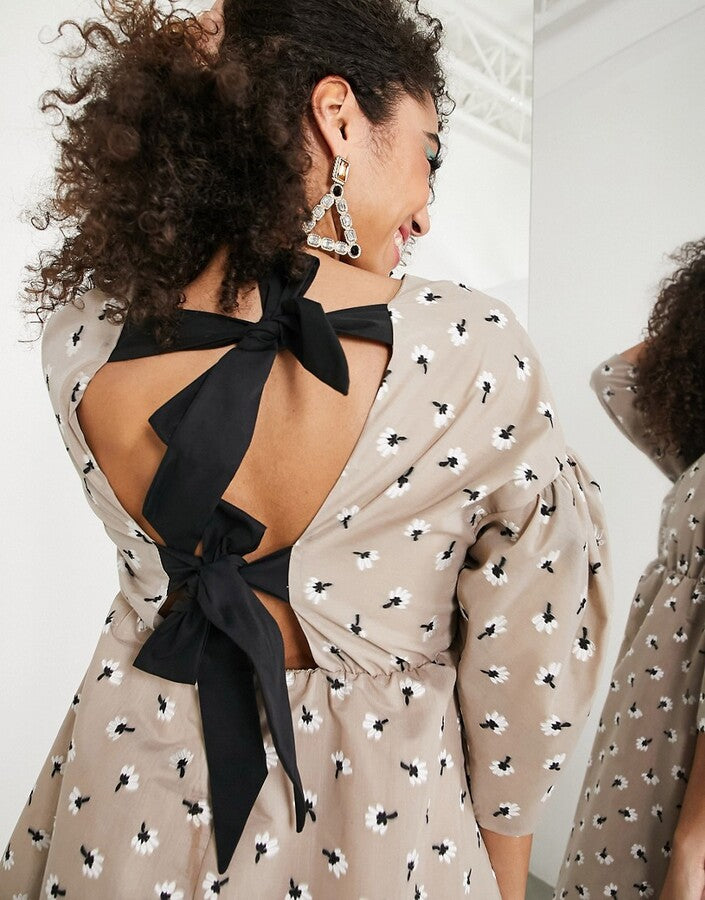 ASOS EDITION bow back midi dress in embroidered daisy in mushroom