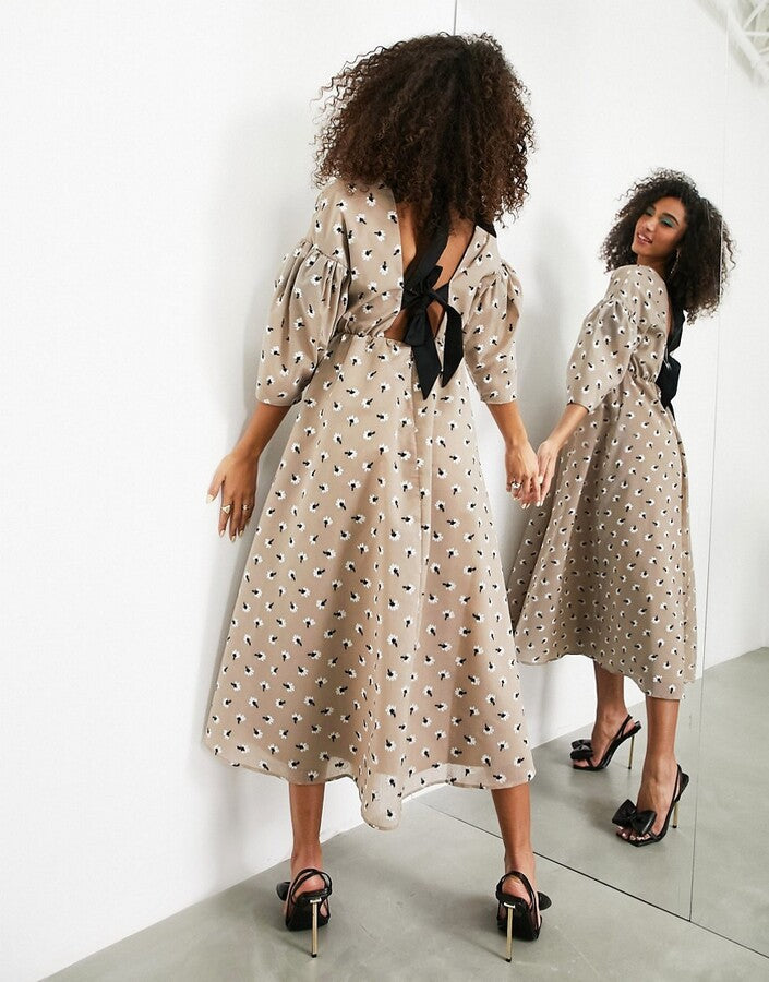 ASOS EDITION bow back midi dress in embroidered daisy in mushroom
