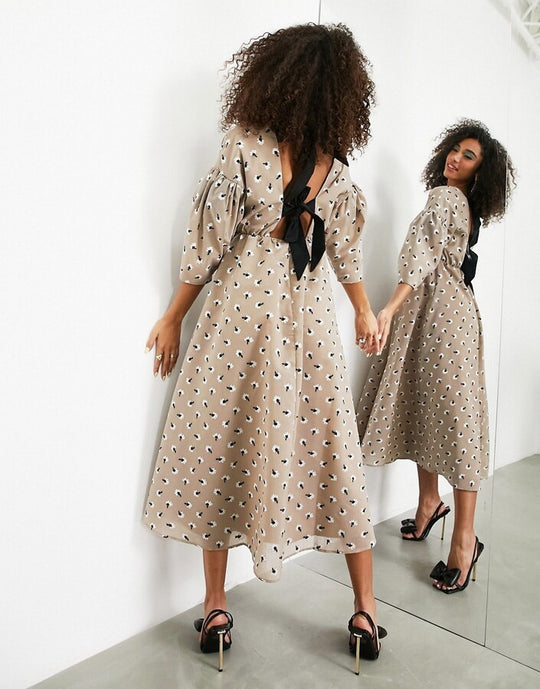 ASOS EDITION bow back midi dress in embroidered daisy in mushroom