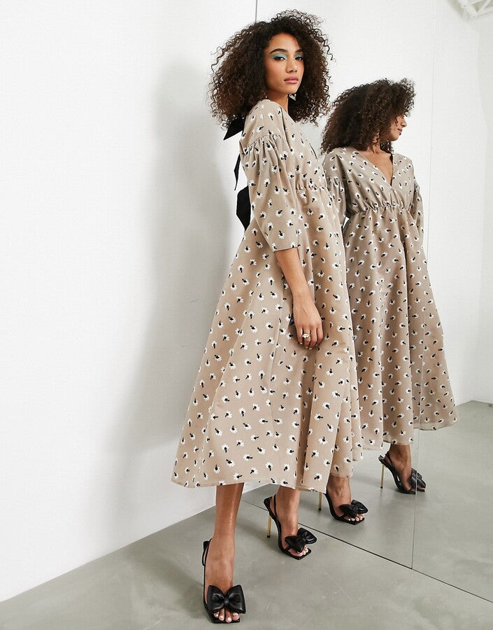 ASOS EDITION bow back midi dress in embroidered daisy in mushroom