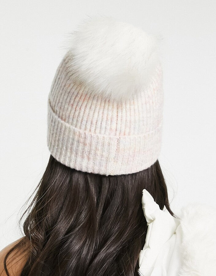 ASOS DESIGN multi knit rib beanie with cream faux fur pom