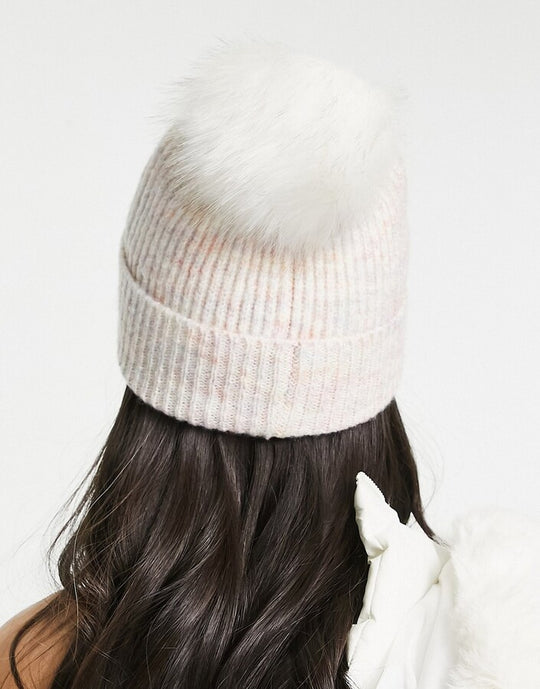 ASOS DESIGN multi knit rib beanie with cream faux fur pom