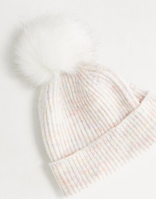 ASOS DESIGN multi knit rib beanie with cream faux fur pom