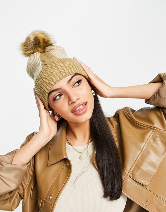 Boardmans knitted pleat detail faux pom beanie in camel