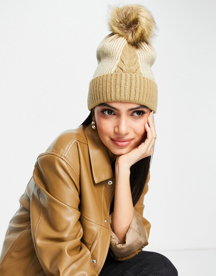 Boardmans knitted pleat detail faux pom beanie in camel