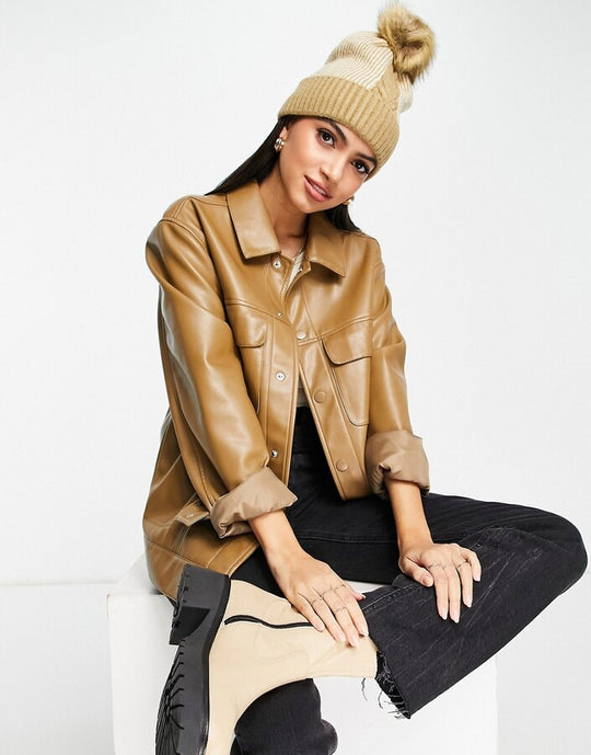 Boardmans knitted pleat detail faux pom beanie in camel