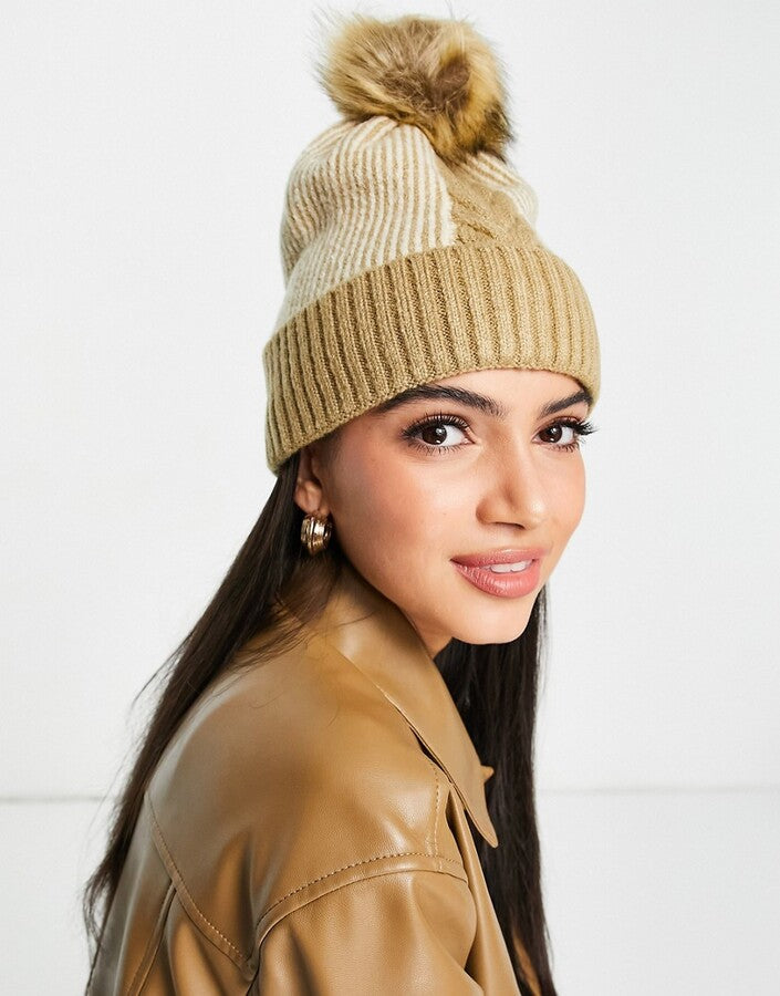 Boardmans knitted pleat detail faux pom beanie in camel