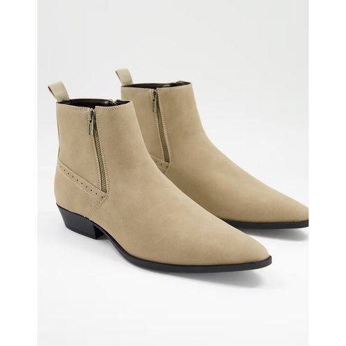 ASOS DESIGN cuban heel western chelsea boots in stone faux suede with zips