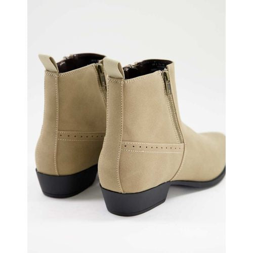 ASOS DESIGN cuban heel western chelsea boots in stone faux suede with zips