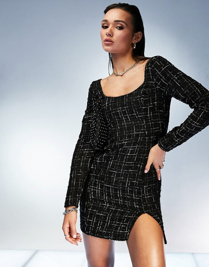ASOS DESIGN long sleeve boucle mini dress with scoop neck in black