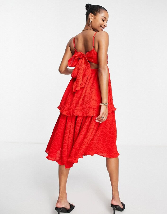 Collective the Label Petite bow back tiered midi dress in pillarbox red