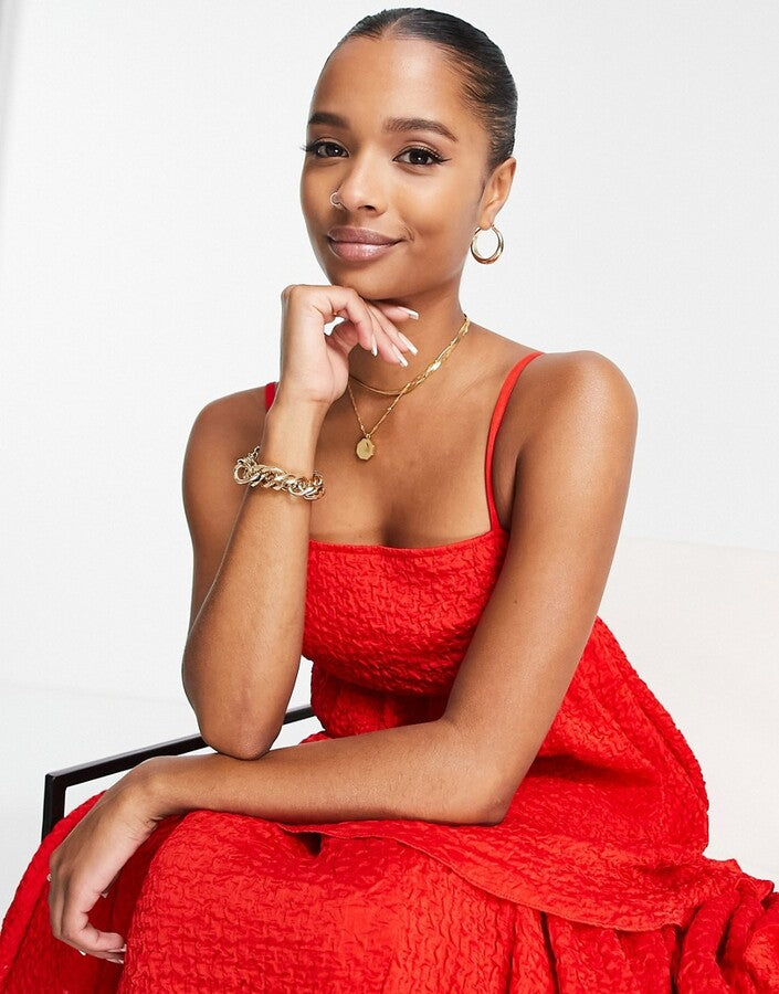 Collective the Label Petite bow back tiered midi dress in pillarbox red