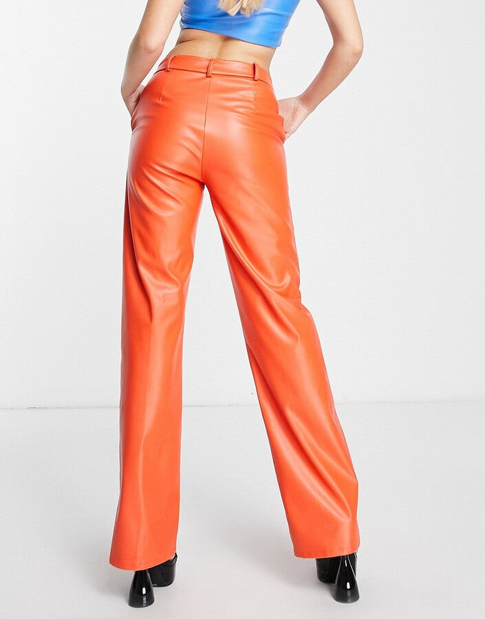 I Saw It First v front leather look straight leg trousers in orange