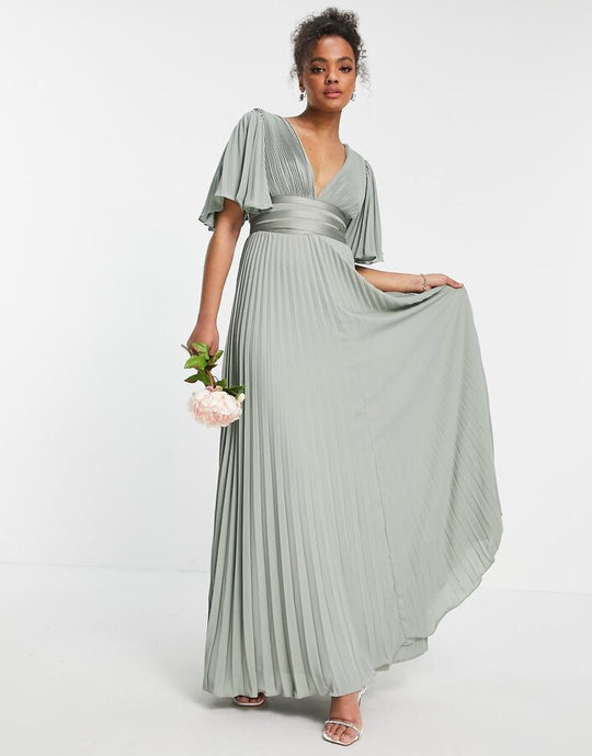 ASOS DESIGN Bridesmaid pleated flutter sleeve maxi dress in olive