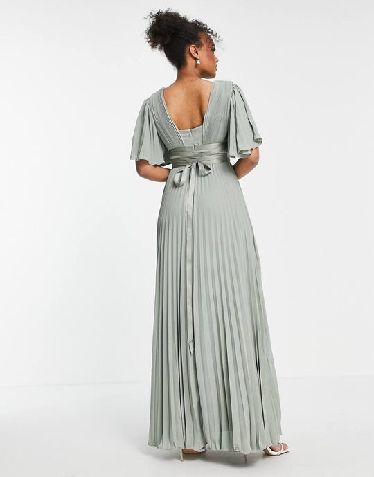 ASOS DESIGN Bridesmaid pleated flutter sleeve maxi dress in olive