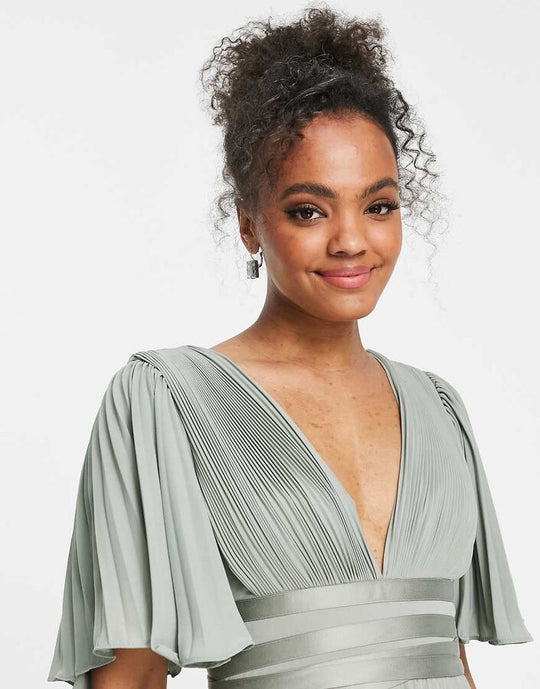 ASOS DESIGN Bridesmaid pleated flutter sleeve maxi dress in olive