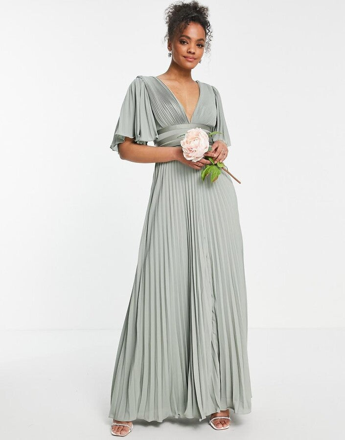 ASOS DESIGN Bridesmaid pleated flutter sleeve maxi dress in olive