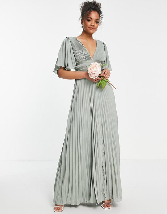 ASOS DESIGN Bridesmaid pleated flutter sleeve maxi dress in olive