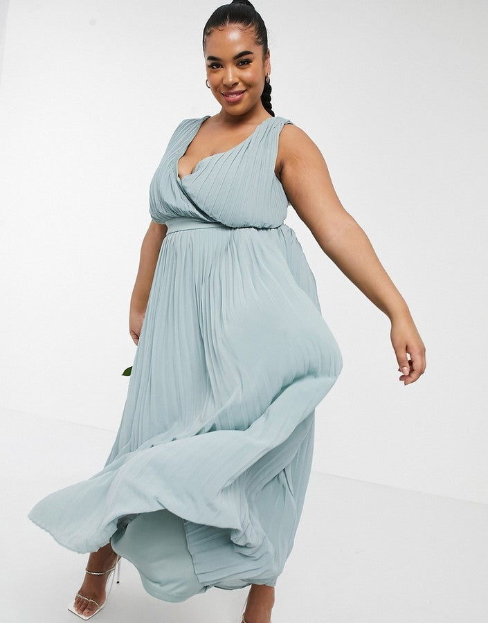 TNC Plus bridesmaid pleated wrap front midaxi dress in sage