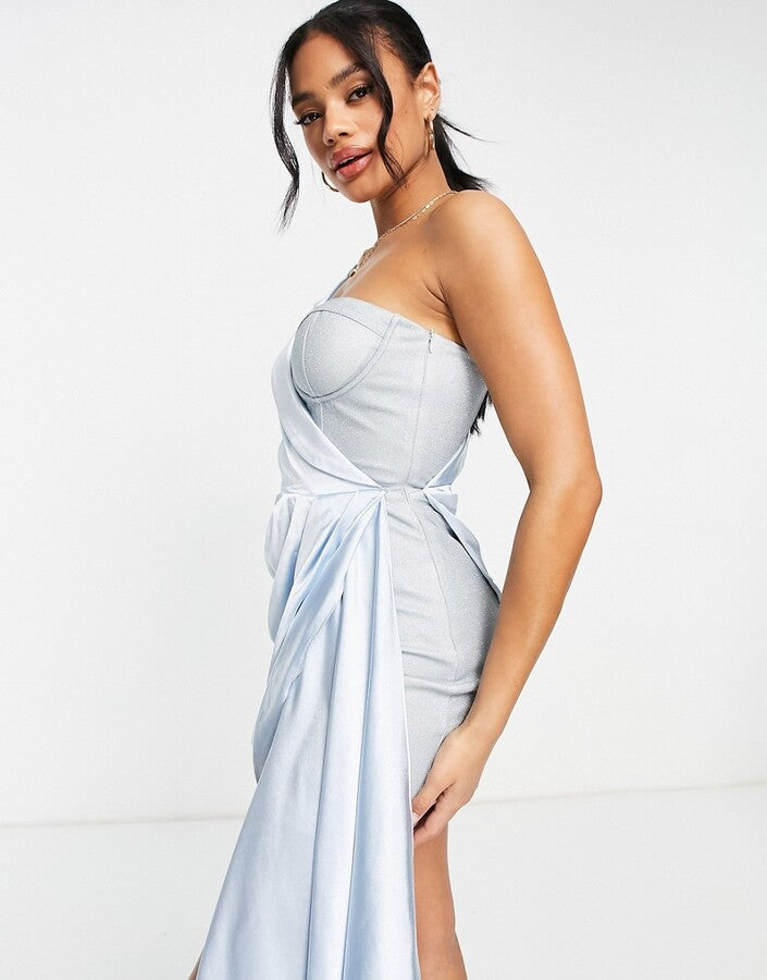 Club L premium one shoulder tuxedo blazer in blue