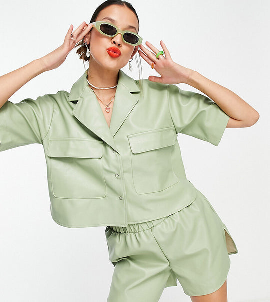 COLLUSION cropped PU shirt in green co-ord