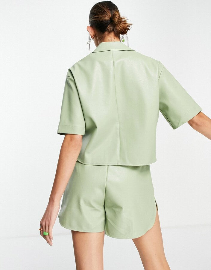 COLLUSION cropped PU shirt in green co-ord