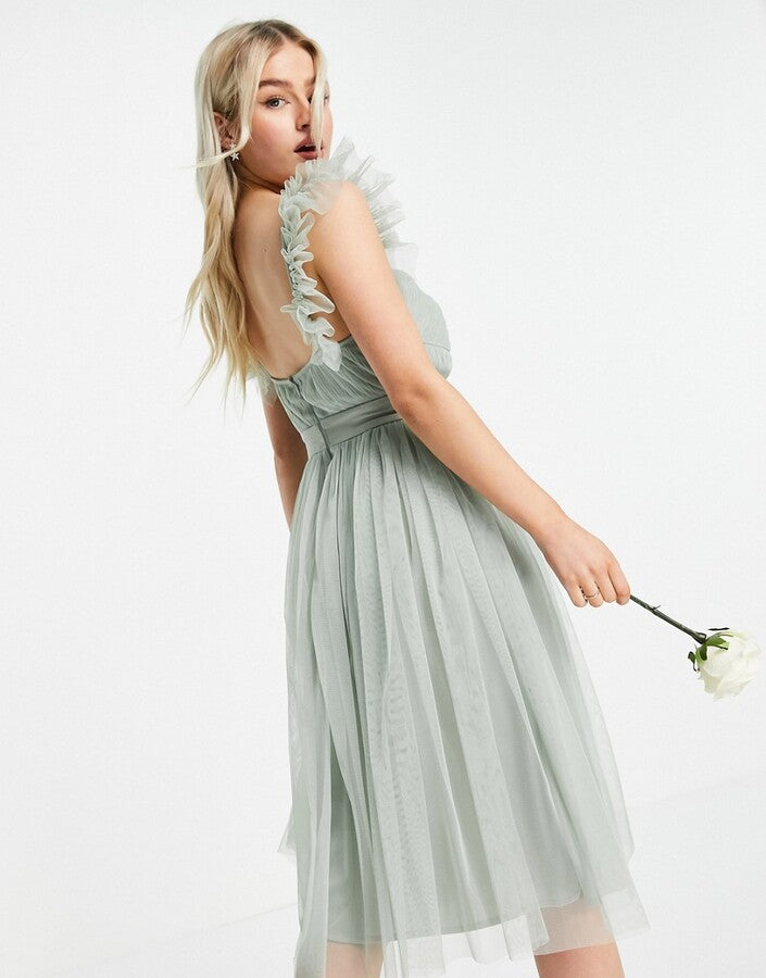 Anaya Petite Anaya With Love Petite Bridesmaid tulle frill sleeve in sage