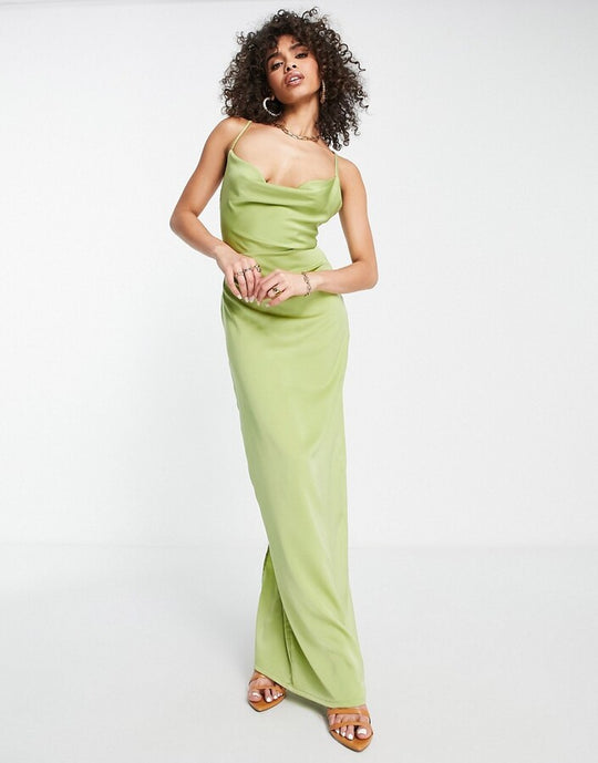NaaNa cowl neck satin maxi dress in green