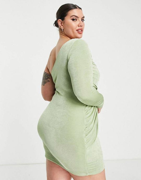 Saint Genies Plus one shoulder ruched mini dress in pistachio
