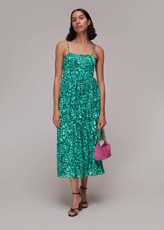 Whistles maxi cami dress with tiered ruffles in teal smudge leopard