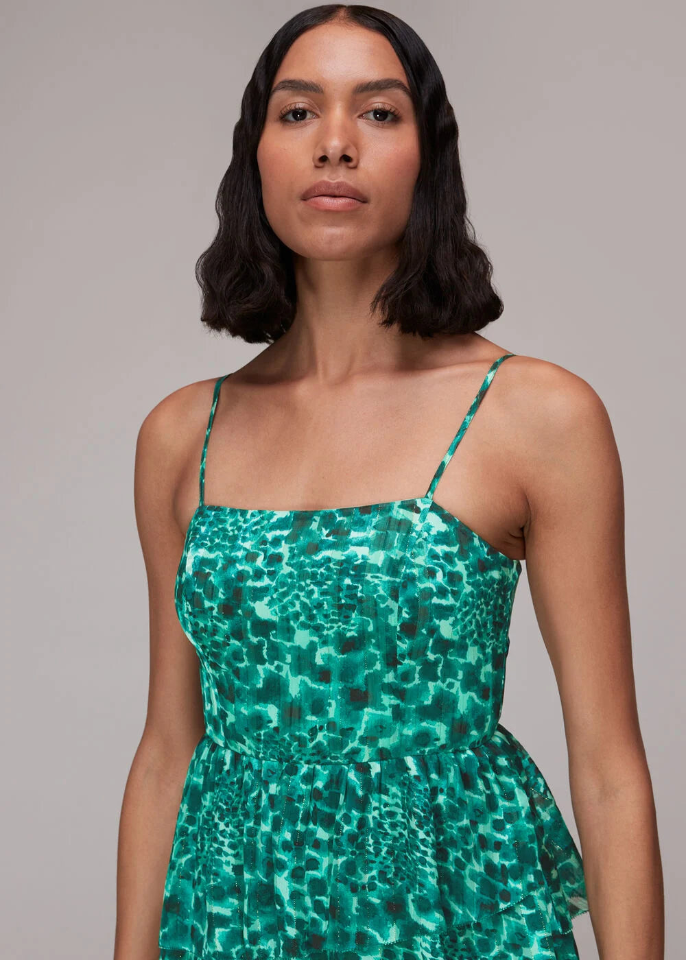 Whistles maxi cami dress with tiered ruffles in teal smudge leopard