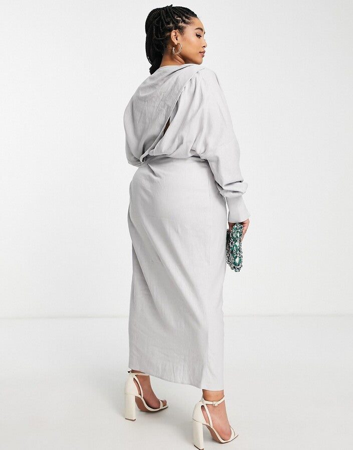 ASOS EDITION drape midi dress with wrap bodice and skirt in pebble grey