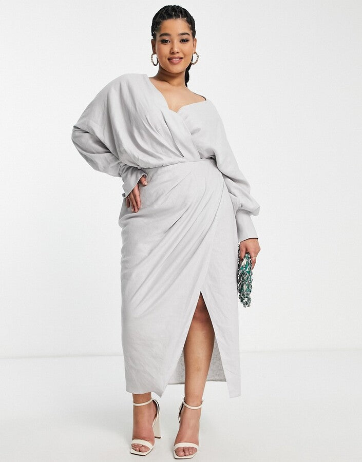 ASOS EDITION drape midi dress with wrap bodice and skirt in pebble grey