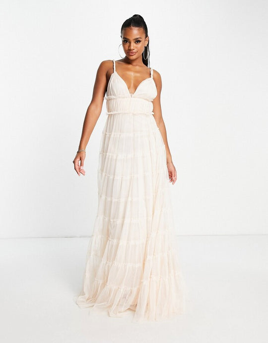Lace & Beads plunge tiered maxi dress in beige