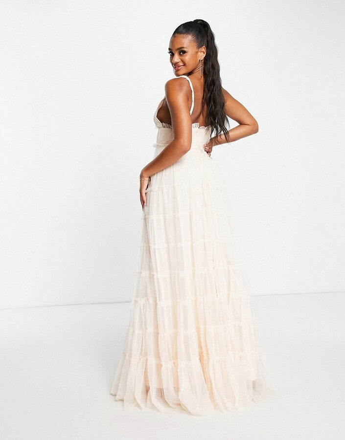 Lace & Beads plunge tiered maxi dress in beige