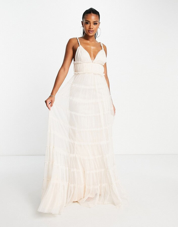 Lace & Beads plunge tiered maxi dress in beige