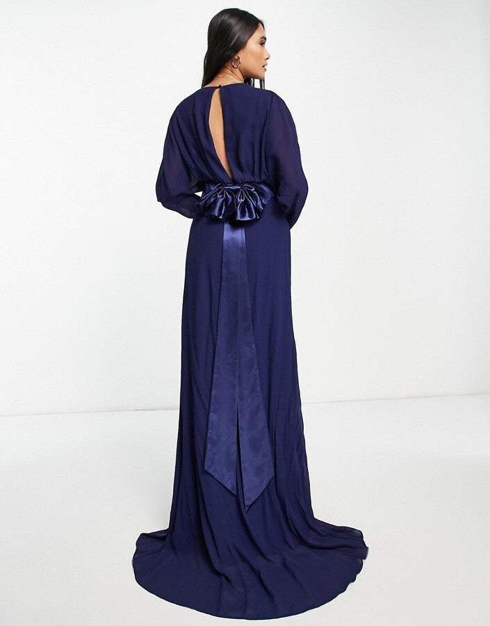 TFNC Bridesmaid long sheer sleeve maxi dress in navy