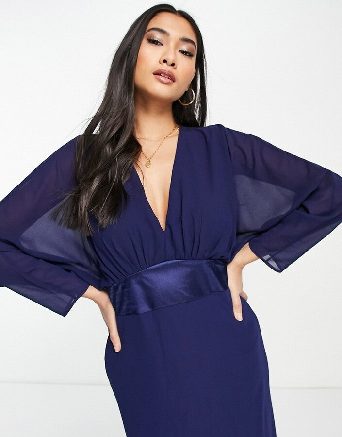 TFNC Bridesmaid long sheer sleeve maxi dress in navy