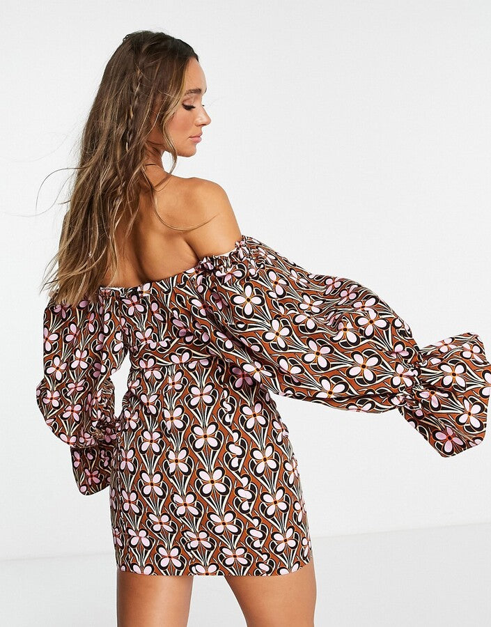 ASOS Luxe extreme sleeve belted mini dress in retro floral print