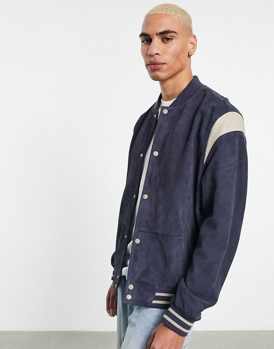 ASOS DESIGN oversized suede varsity bomber in navy