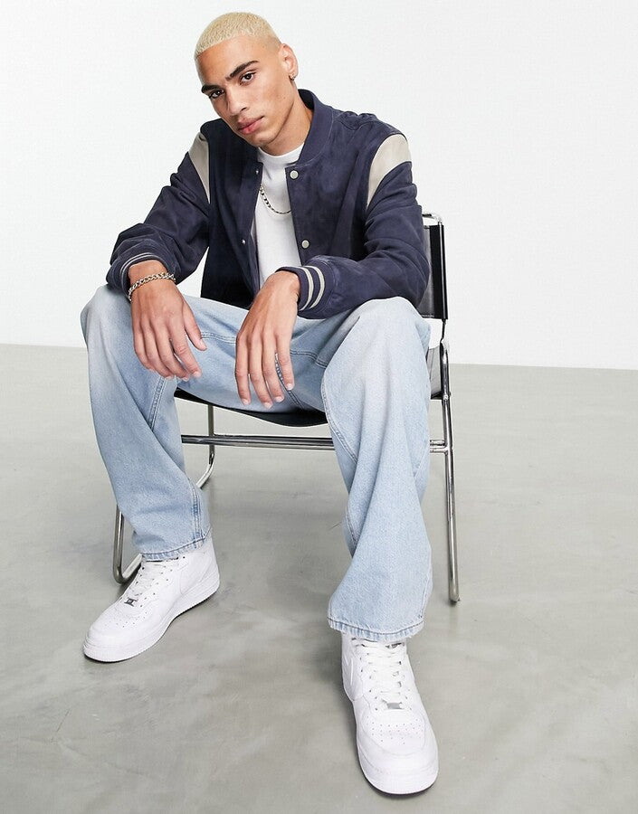 ASOS DESIGN oversized suede varsity bomber in navy