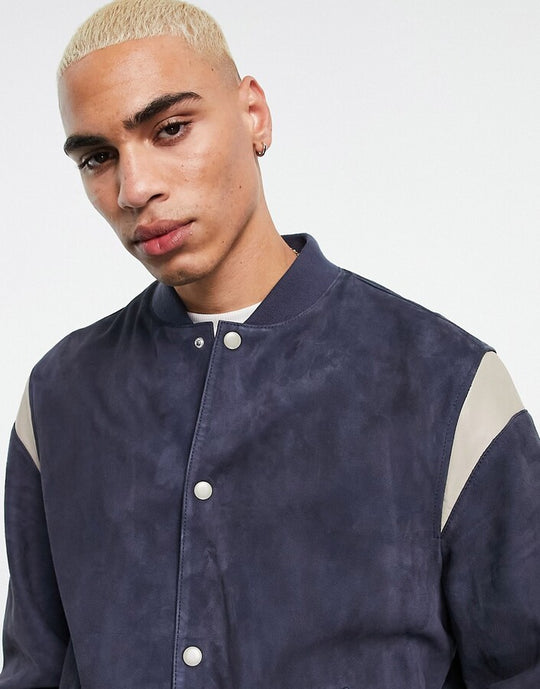 ASOS DESIGN oversized suede varsity bomber in navy