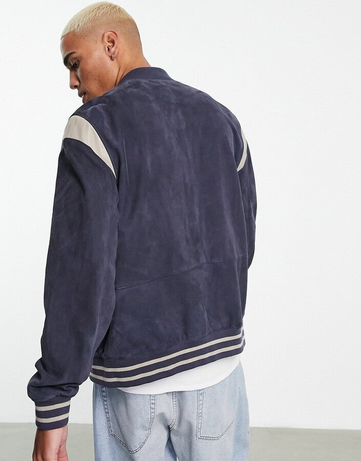 ASOS DESIGN oversized suede varsity bomber in navy