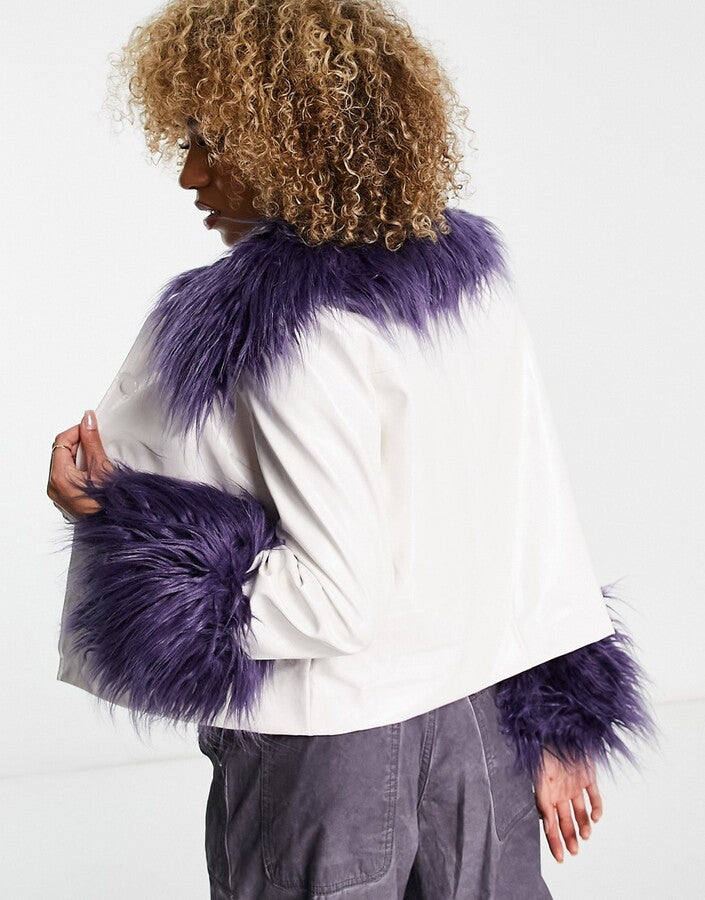 Jayley short vinyl look faux fur trim jacket in deep violet