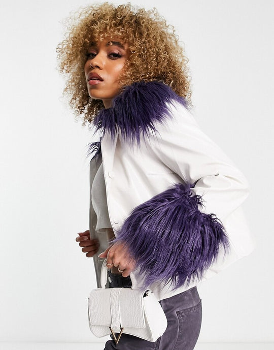 Jayley short vinyl look faux fur trim jacket in deep violet