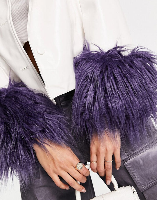 Jayley short vinyl look faux fur trim jacket in deep violet