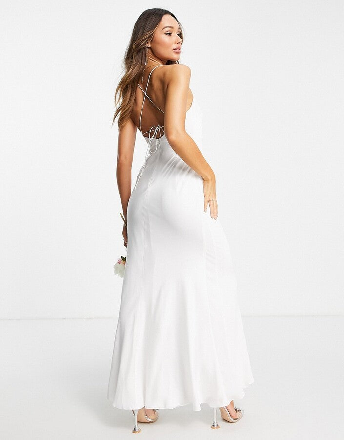 ASOS EDITION Astrid satin square neck wedding dress with tie back in ivory