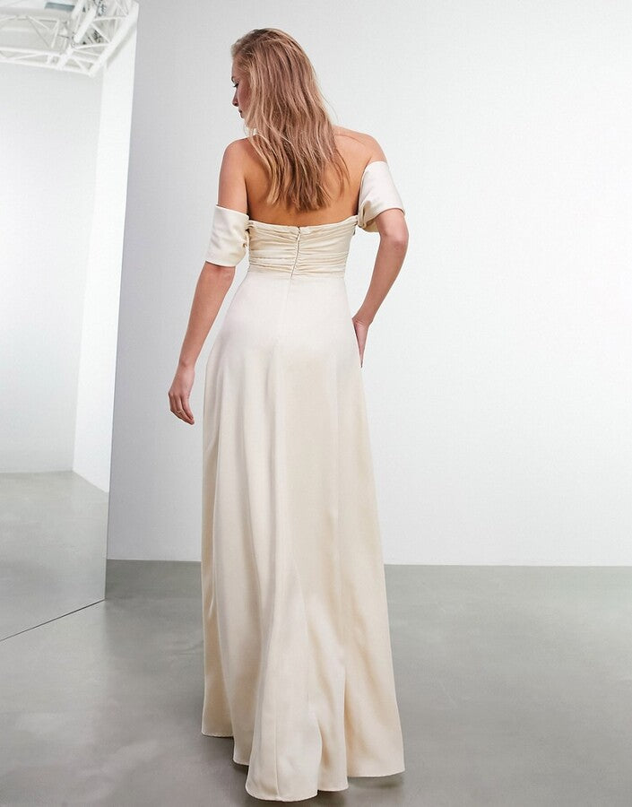 ASOS EDITION Phillipa satin ruched bodice off shoulder in caramel