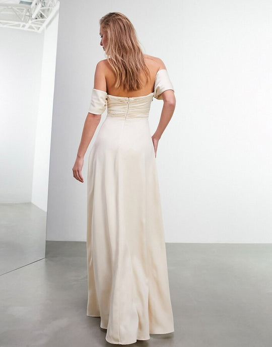 ASOS EDITION Phillipa satin ruched bodice off shoulder in caramel